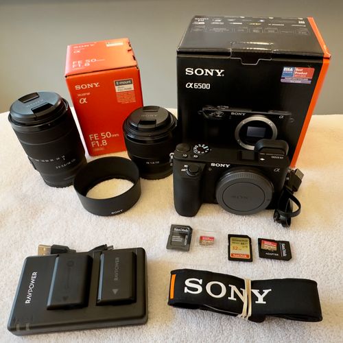 Sony a6500 mirrorless camera, FE 50mm/F1.8 lens, FE 18-135mm/F3.5-5.6 lens, & extras