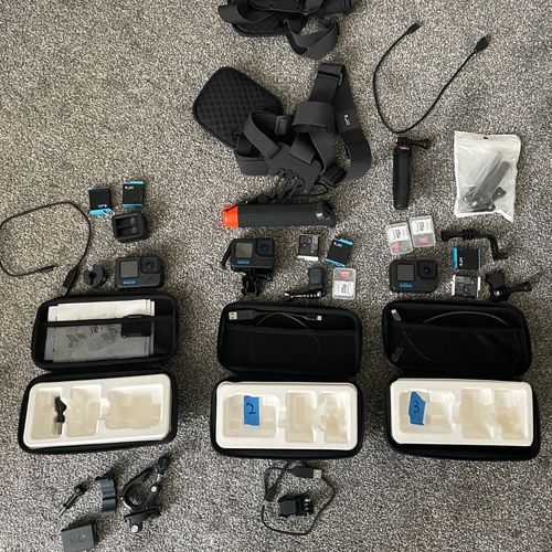 3 GoPro 10s, mounts, and batteries