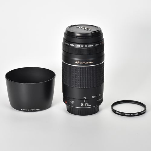 Canon EF 75-300mm f/4-5.6 III USM Telephoto Zoom Lens w/Hood & UV Filter MINT