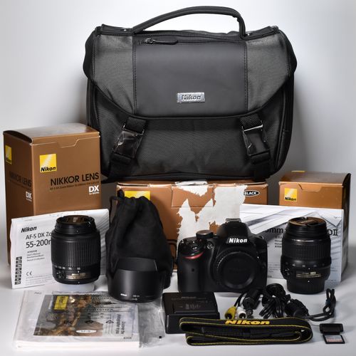 Nikon D3200 DSLR Camera 24.2MP 18-55mm 55-200mm Lens 3356 Clicks 128GB SD MINT